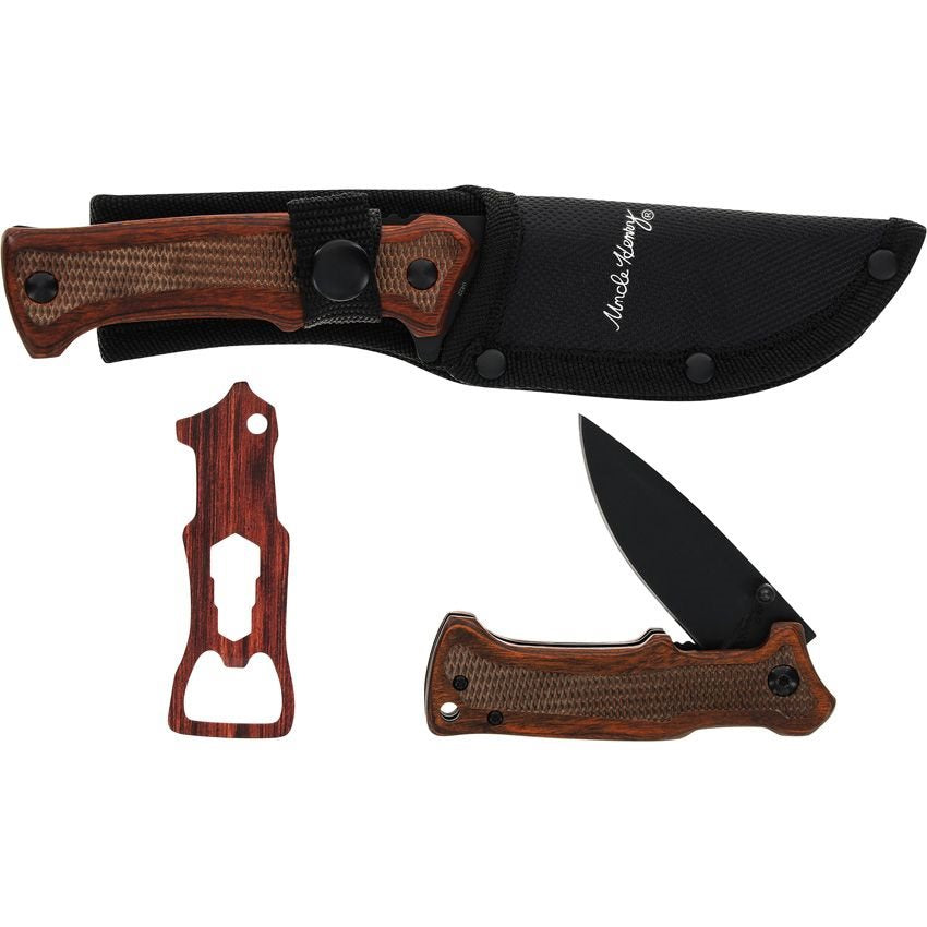 Set UNCLE HENRY: navaja plegable, cuchillo de hoja fija y abrebotellas en caja de regalo, mangos Pakkawood