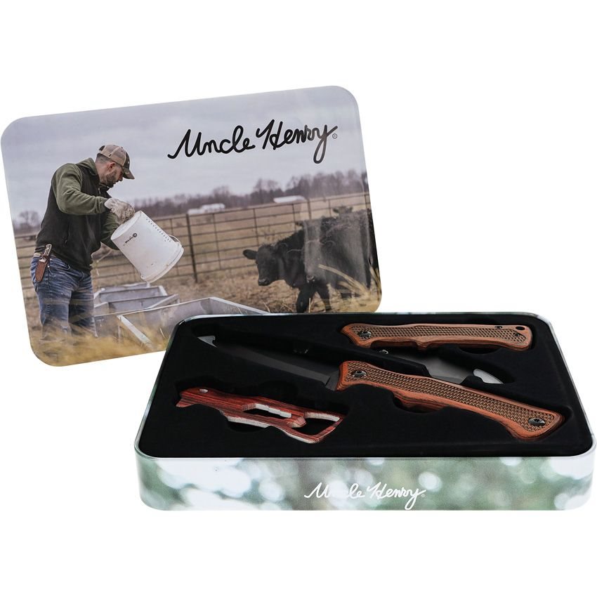 Set UNCLE HENRY: navaja plegable, cuchillo de hoja fija y abrebotellas en caja de regalo, mangos Pakkawood