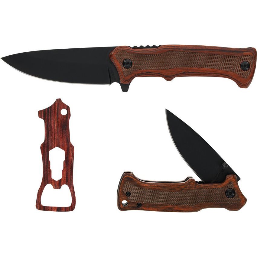 Set UNCLE HENRY: navaja plegable, cuchillo de hoja fija y abrebotellas en caja de regalo, mangos Pakkawood