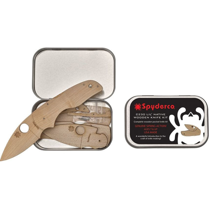 Kit Lil' Native SPYDERCO: cuchillo de madera plegable (filo romo) en caja metálica