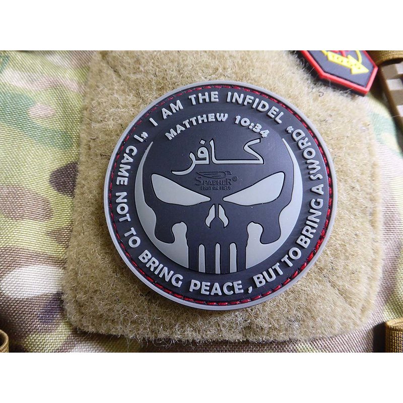 Parche INFIDEL PUNISHER plástico 3D negro y rojo con velcro, diámetro aprox. 65 mm