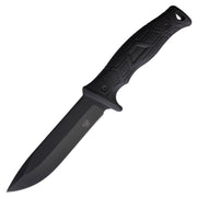 Cuchillo T1 negro con filo liso y hoja fija, diseño todo negro y alta resistencia mecánica