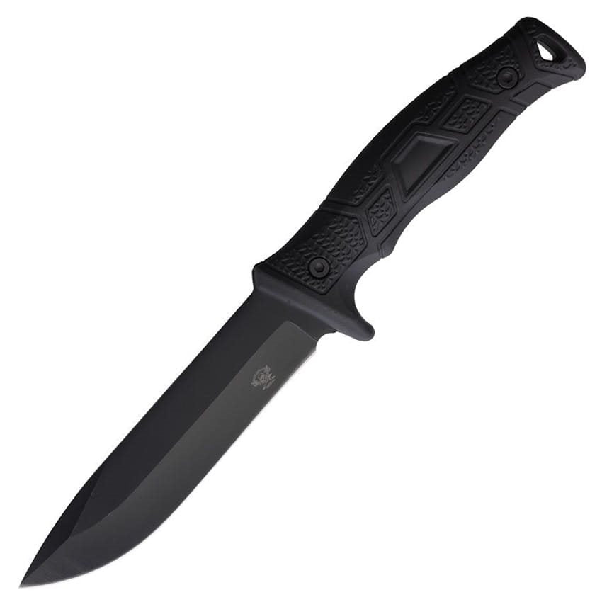 Cuchillo T1 negro con filo liso y hoja fija, diseño todo negro y alta resistencia mecánica