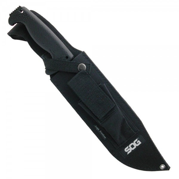 Machete SOG Jungle Primitive negro con funda, hoja acero inoxidable parcialmente dentada