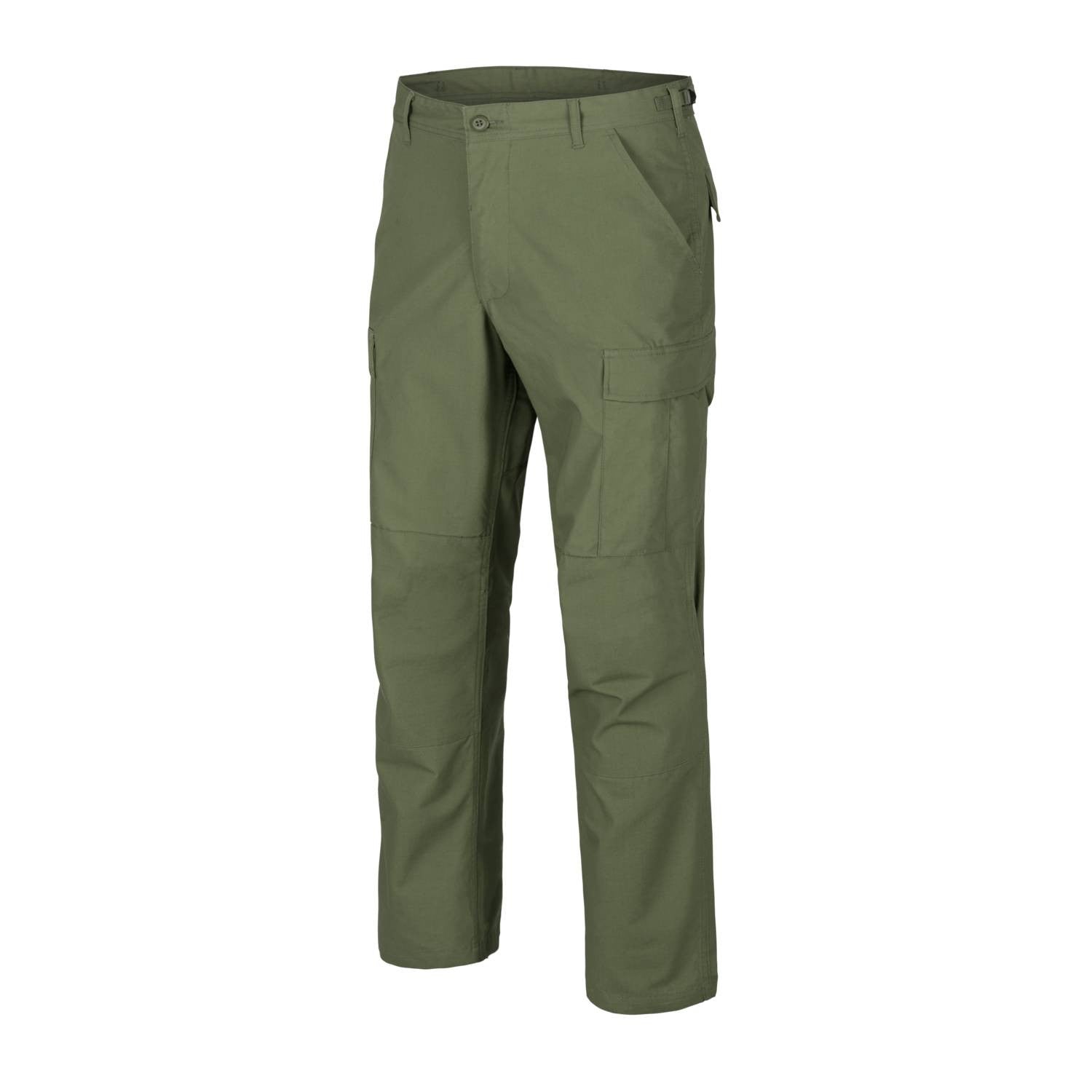 Pantalones BDU rip-stop verdes con cierre de botones y cordones en los tobillos