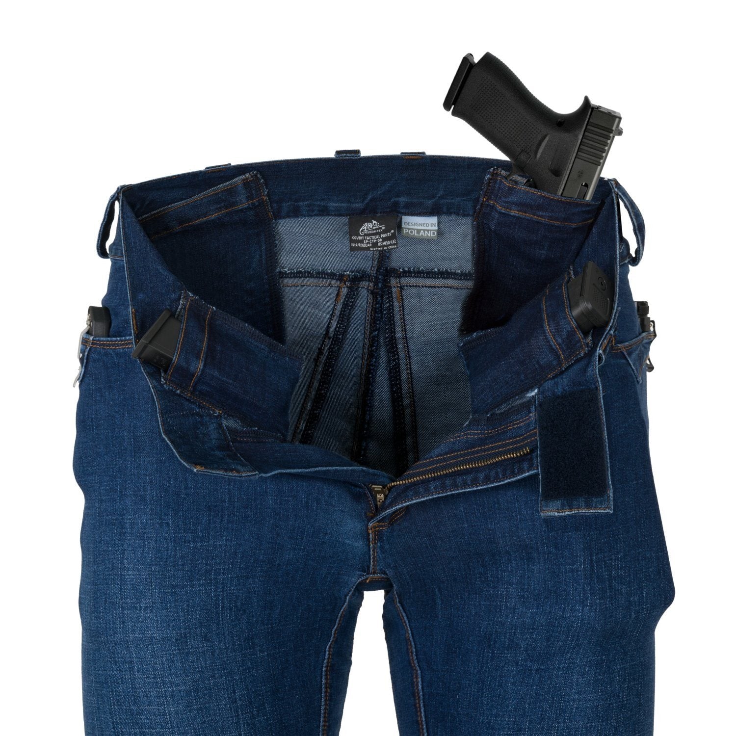 Pantalones tácticos COVERT denim azul HELIKON con múltiples bolsillos