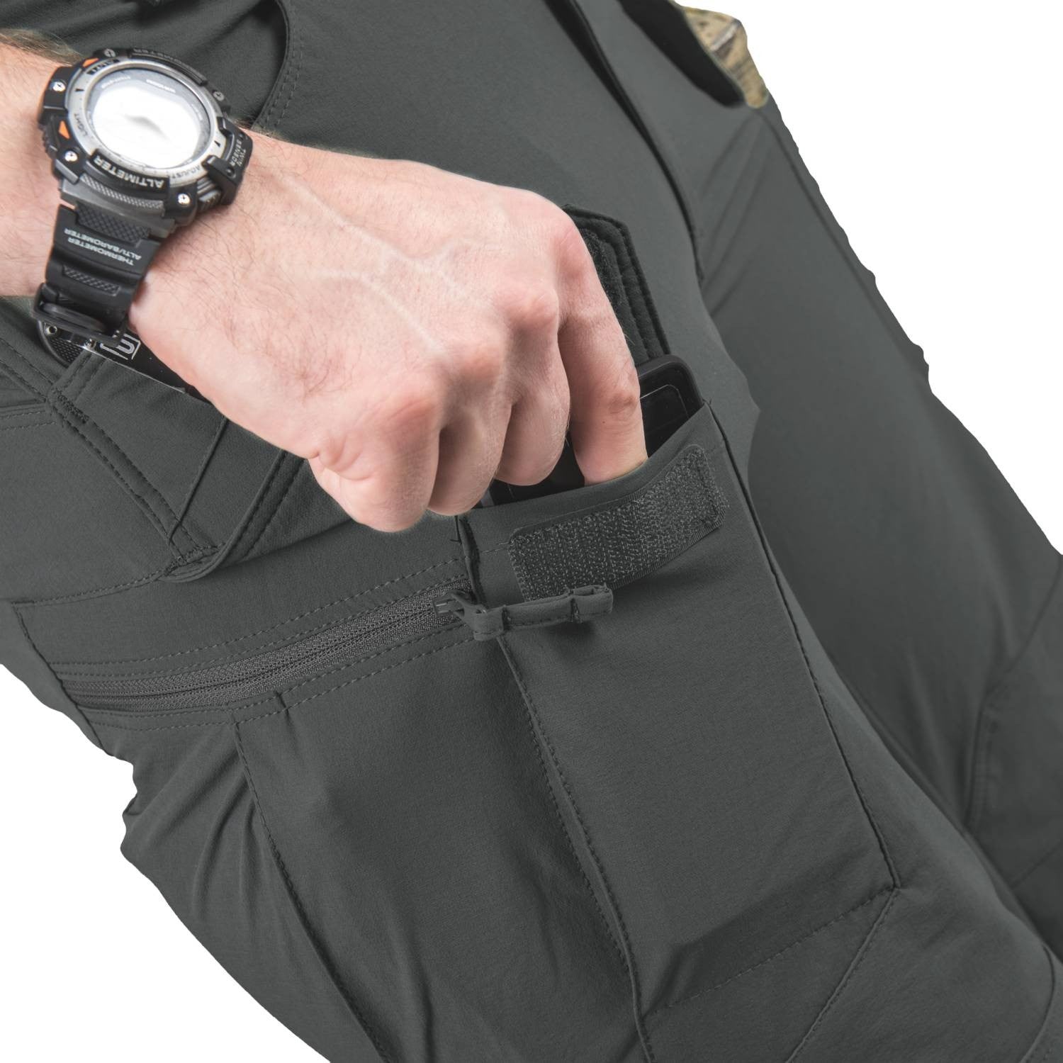 Pantalones cortos OTS VersaStretch Lite gris, 8 bolsillos, diseñados para climas cálidos y movimiento en terreno exigente