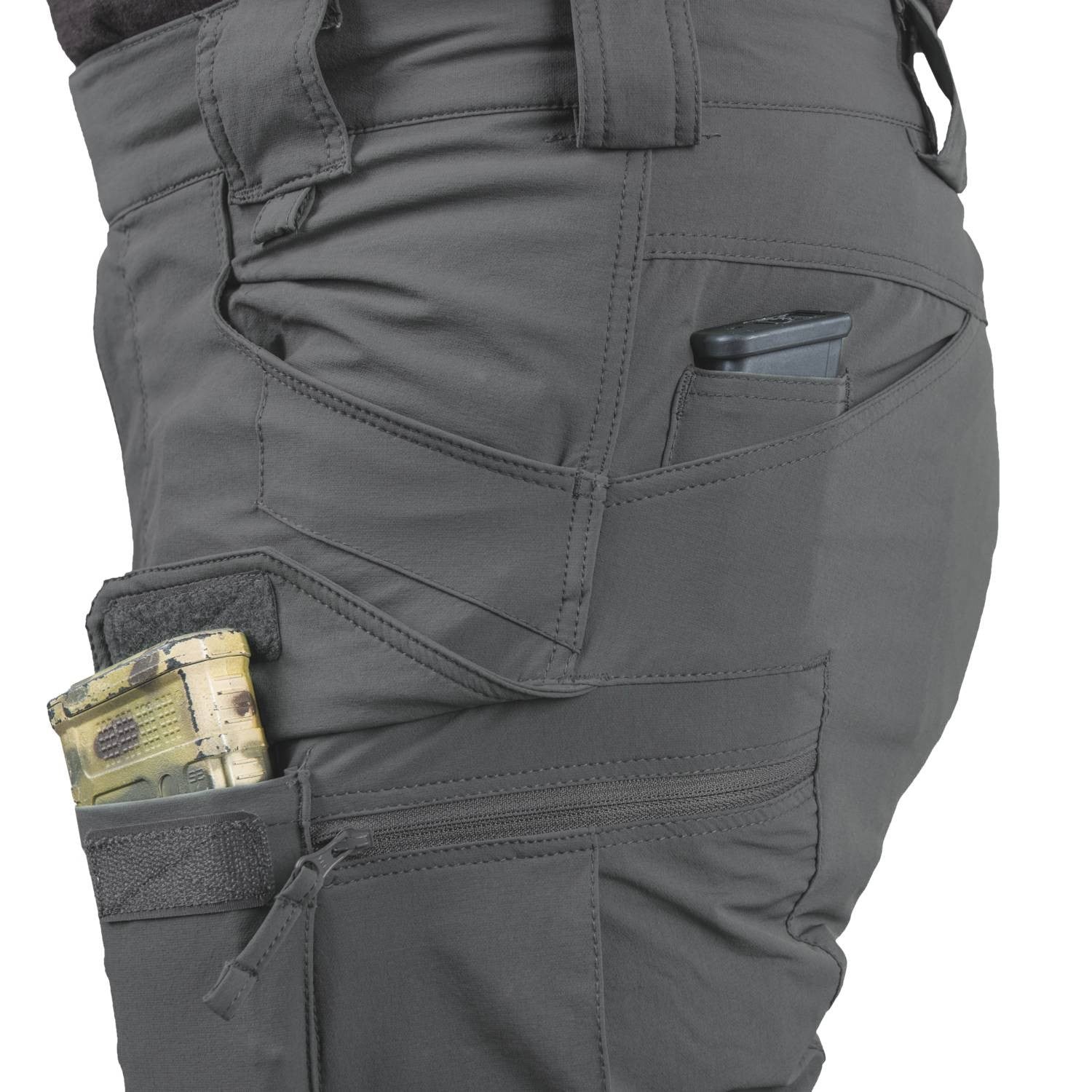 Pantalones cortos OTS VersaStretch Lite gris, 8 bolsillos, diseñados para climas cálidos y movimiento en terreno exigente