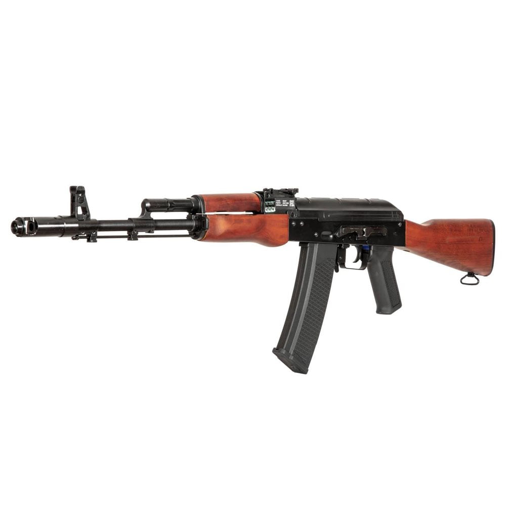 Réplica airsoft AEG AK-74 SA-J02 con cuerpo de acero y acabado negro y madera