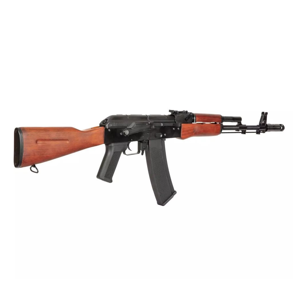 Réplica airsoft AEG AK-74 SA-J02 con cuerpo de acero y acabado negro y madera