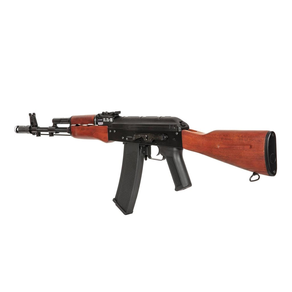 Réplica airsoft AEG AK-74 SA-J02 con cuerpo de acero y acabado negro y madera