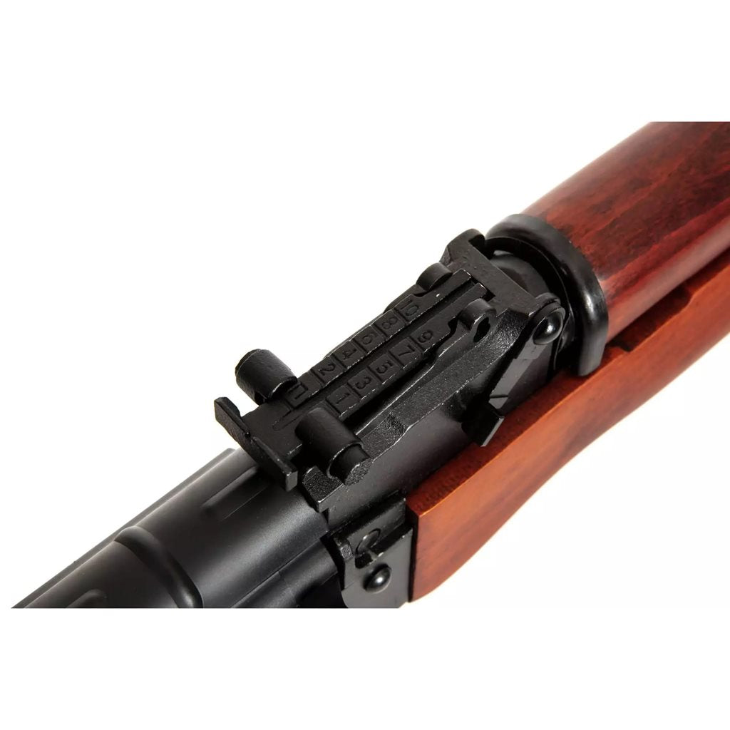 Réplica airsoft AEG AK-74 SA-J02 con cuerpo de acero y acabado negro y madera
