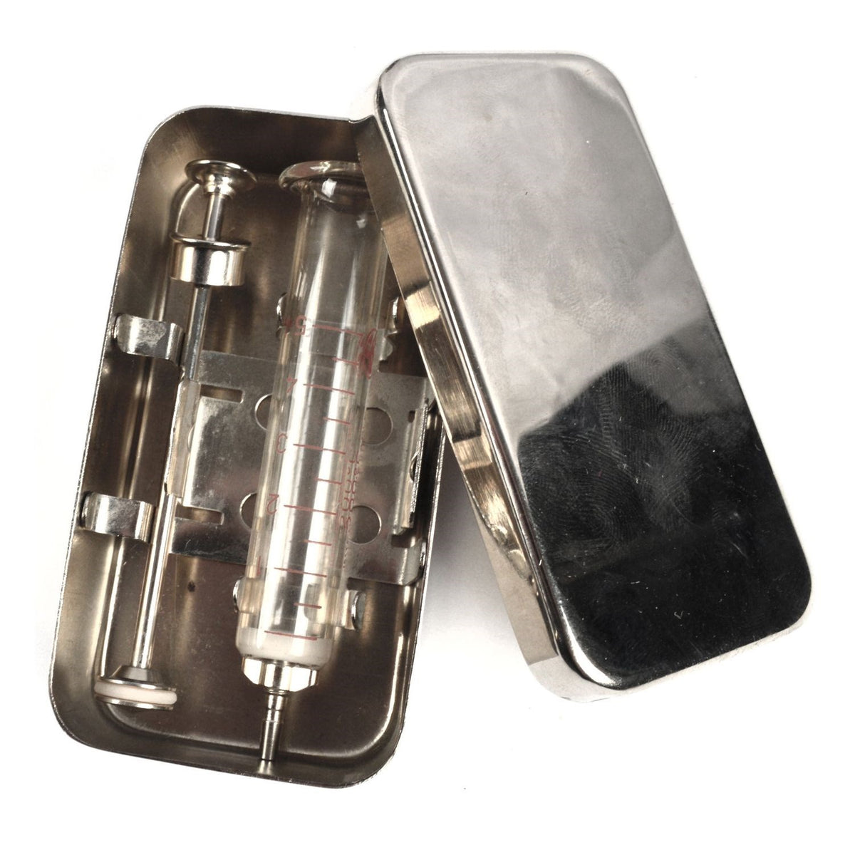 Jeringa inyectable de vidrio 5 ml en estuche de acero inoxidable 50x95x27 mm (S5ml)