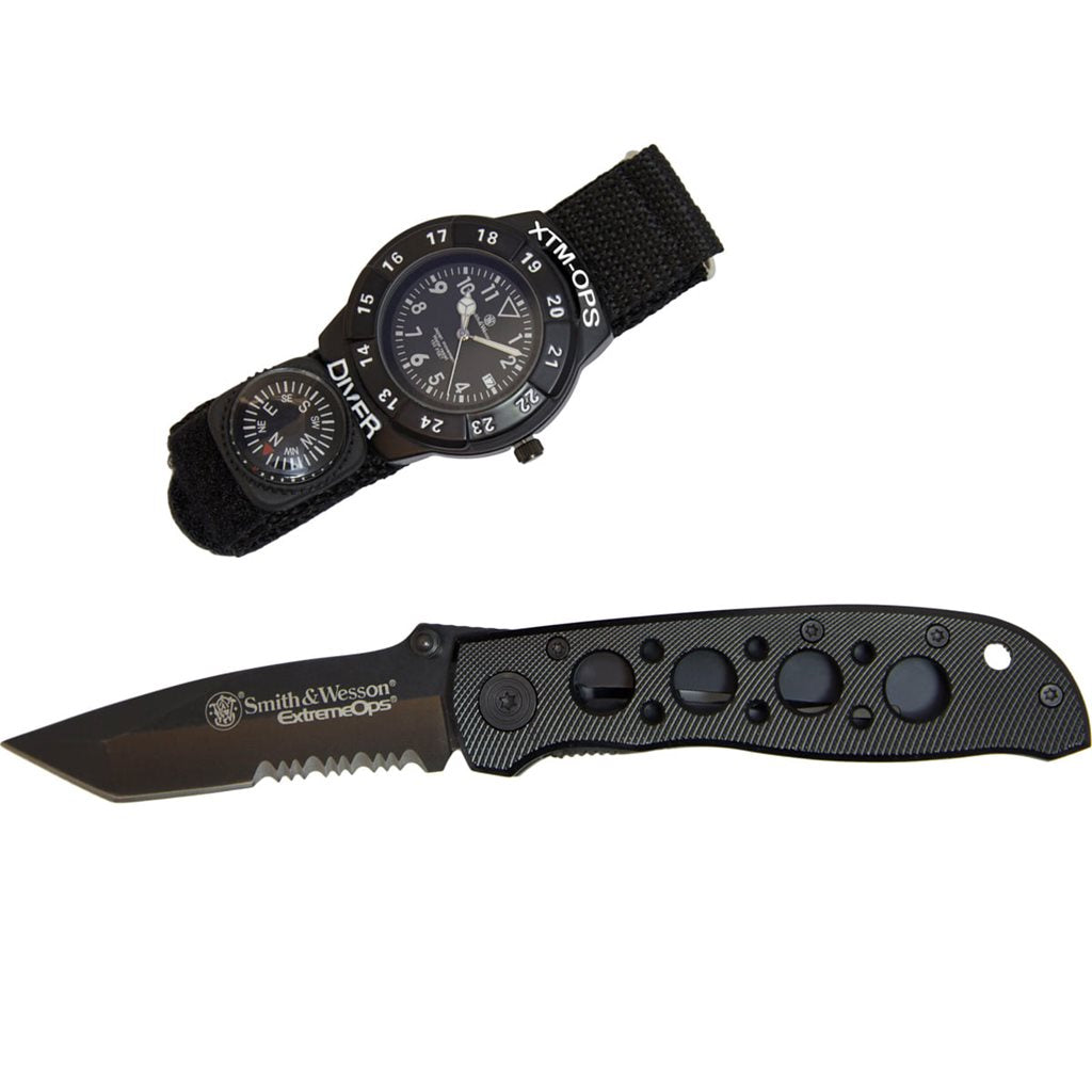 Set EXTREME OPS: navaja plegable táctica y reloj con compás en caja metálica de regalo