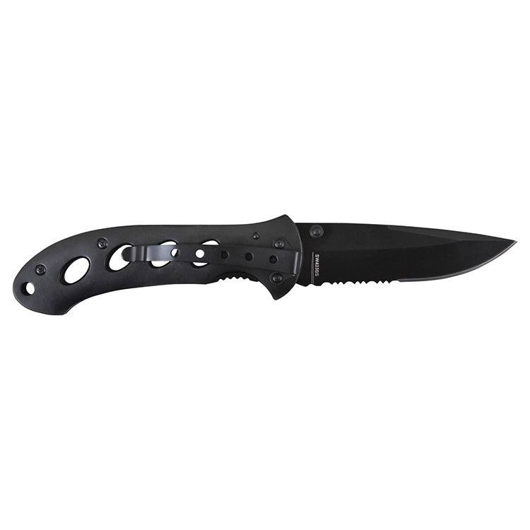 Navaja plegable S&W OASIS negra con hoja lisa y cuerpo de acero inoxidable con acabado titanio