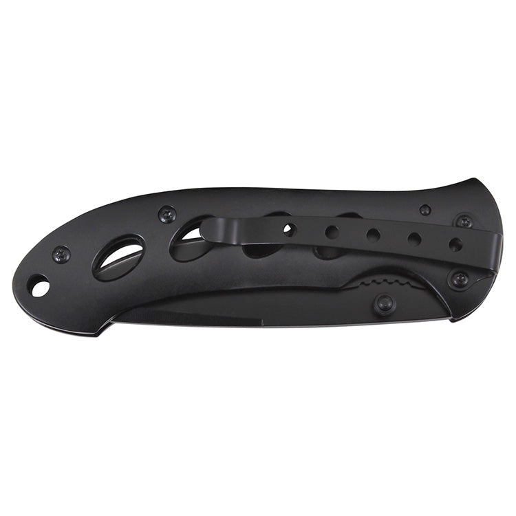 Navaja plegable S&W OASIS negra con hoja lisa y cuerpo de acero inoxidable con acabado titanio