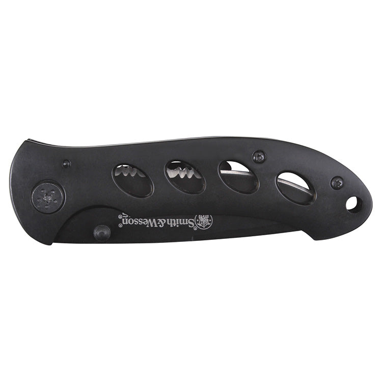 Navaja plegable S&W OASIS negra con hoja lisa y cuerpo de acero inoxidable con acabado titanio