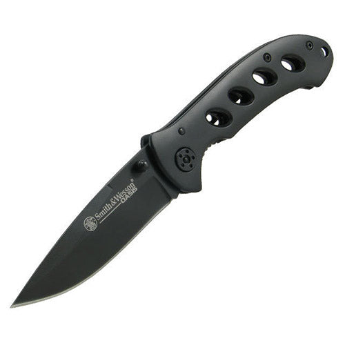Navaja plegable S&W OASIS negra con hoja lisa y cuerpo de acero inoxidable con acabado titanio