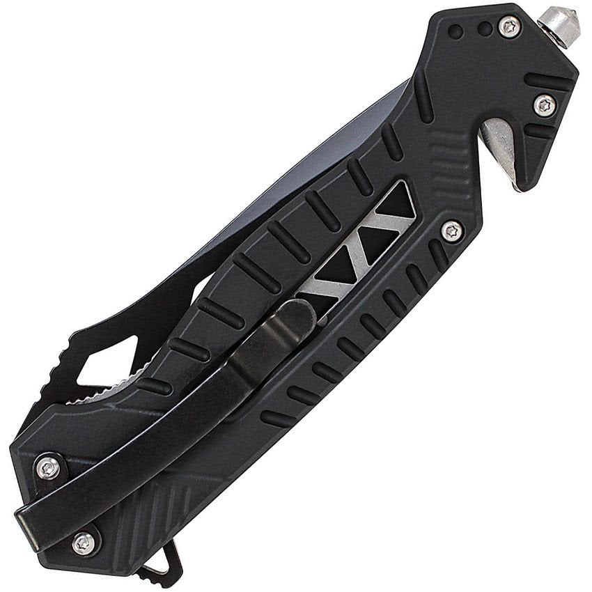 Navaja plegable RESCUE azul con hoja negra drop point de acero 8Cr13MoV, flipper y LinerLock