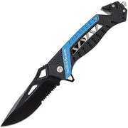 Navaja plegable RESCUE azul con hoja negra drop point de acero 8Cr13MoV, flipper y LinerLock