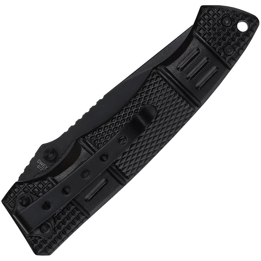 Cuchillo plegable SWEX3 negro de Smith & Wesson, hoja acero inoxidable 400 y mango de aluminio con orificio para cordón