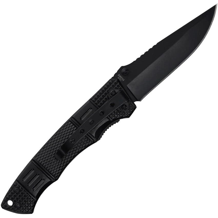 Cuchillo plegable SWEX3 negro de Smith & Wesson, hoja acero inoxidable 400 y mango de aluminio con orificio para cordón