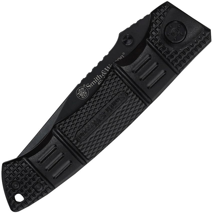 Cuchillo plegable SWEX3 negro de Smith & Wesson, hoja acero inoxidable 400 y mango de aluminio con orificio para cordón