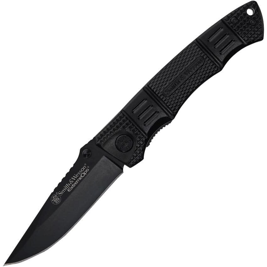 Cuchillo plegable SWEX3 negro de Smith & Wesson, hoja acero inoxidable 400 y mango de aluminio con orificio para cordón