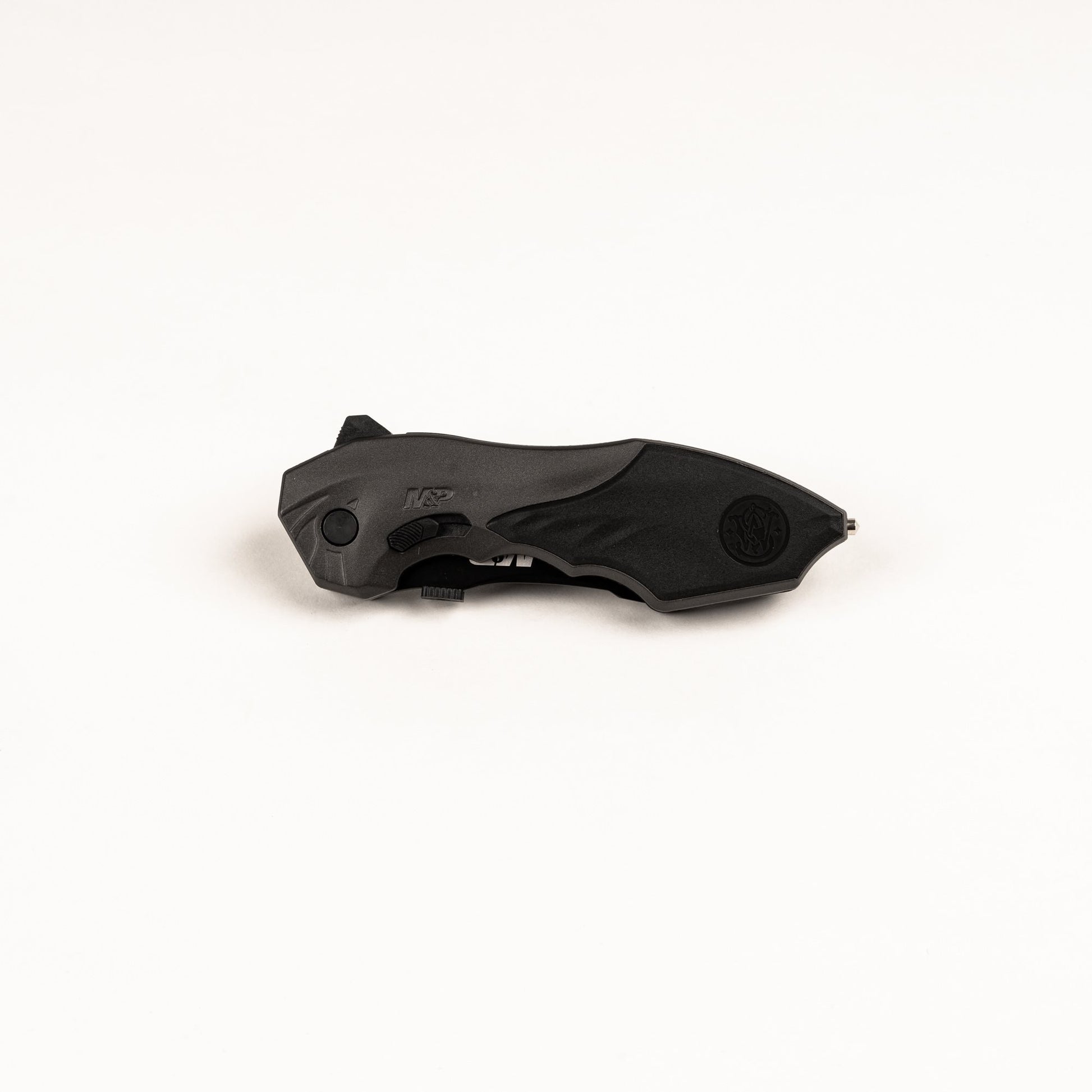 Navaja S&W SWMP5L negra hoja recta acero 4034 mango aluminio goma antideslizante rompecristales