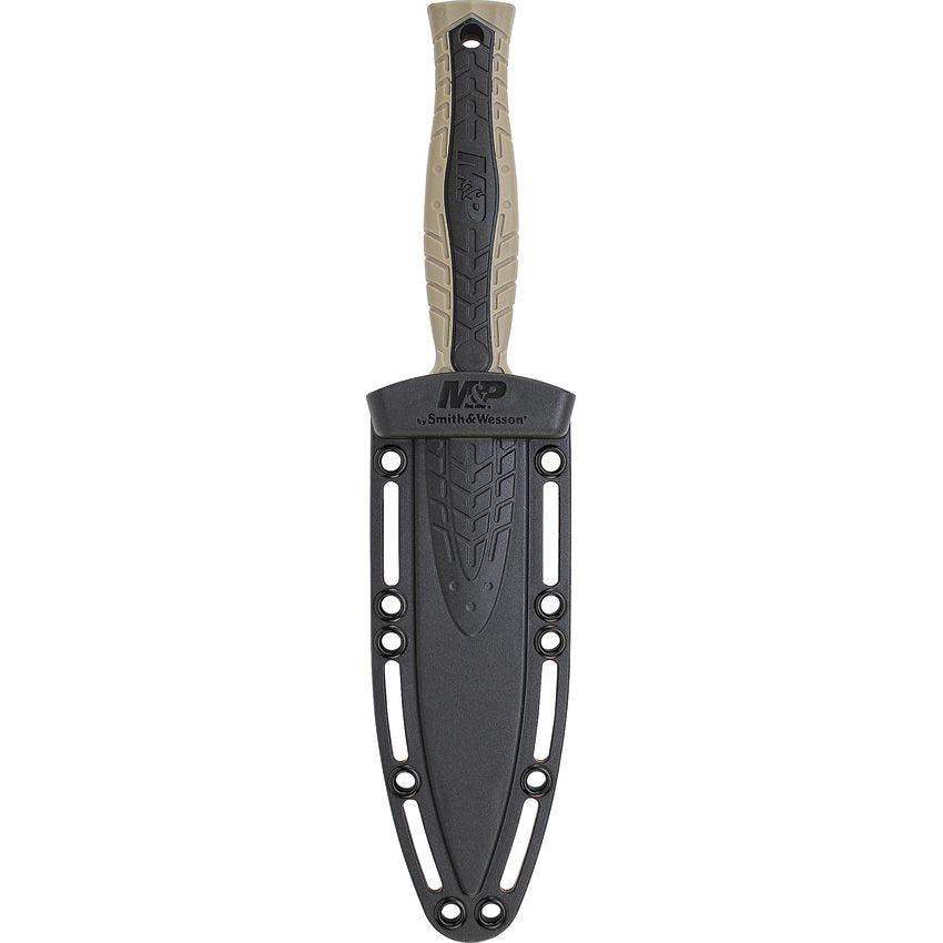 Daga M&P BOOT TAN con hoja negra spear point, mango de goma y TPE y funda de cinturón negra