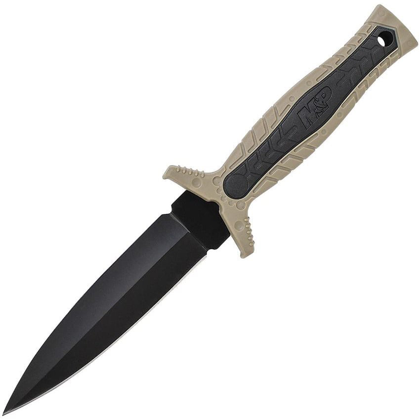 Daga M&P BOOT TAN con hoja negra spear point, mango de goma y TPE y funda de cinturón negra