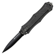 Navaja OTF negra con hoja spear de 9,2 cm en acero AUS-8, mango de aluminio, clip y rompecristales
