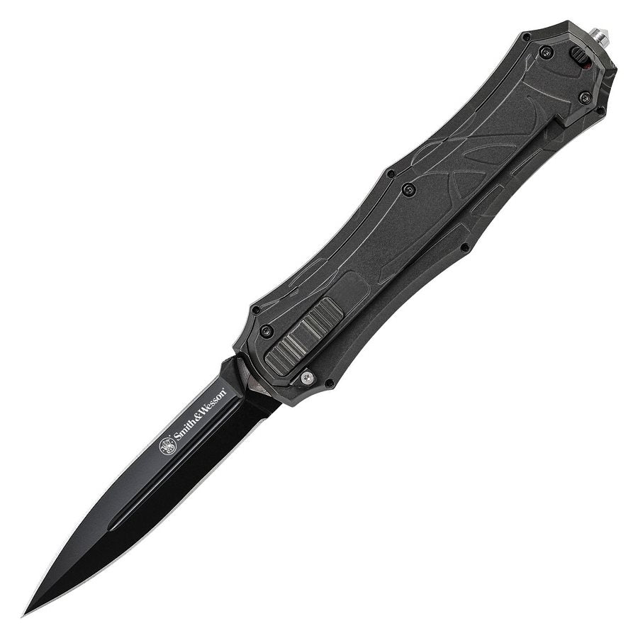 Navaja OTF negra con hoja spear de 9,2 cm en acero AUS-8, mango de aluminio, clip y rompecristales