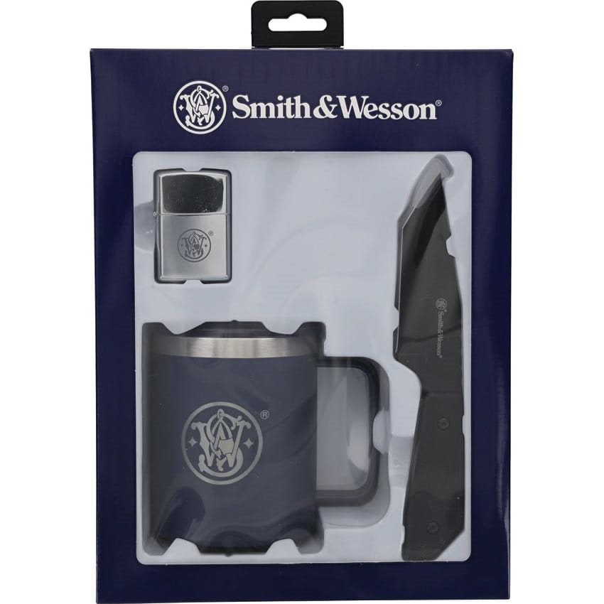 Set de regalo: cuchillo de hoja fija con funda kydex, taza de acero inoxidable y encendedor