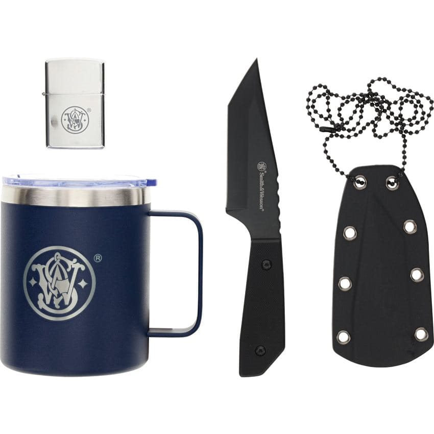 Set de regalo: cuchillo de hoja fija con funda kydex, taza de acero inoxidable y encendedor