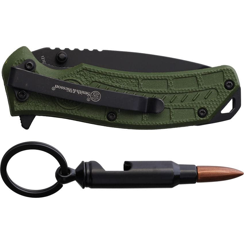 Cuchillo plegable H.R.T. COMBO, hoja tanto negra, mango verde y abridor en forma de vaina