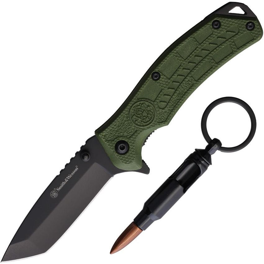 Cuchillo plegable H.R.T. COMBO, hoja tanto negra, mango verde y abridor en forma de vaina