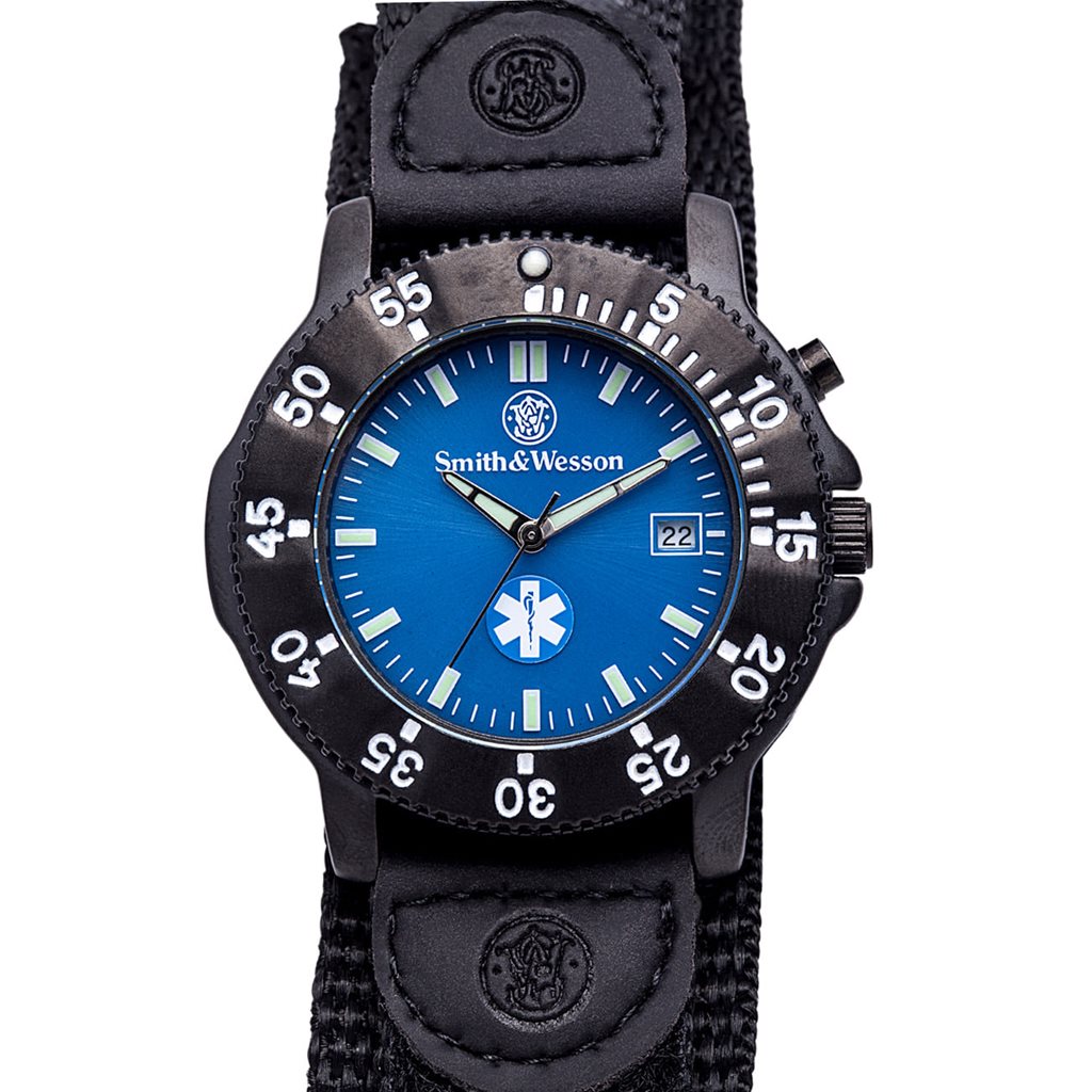 Reloj EMT con correa de nylon negro y azul SWW-455-EMT