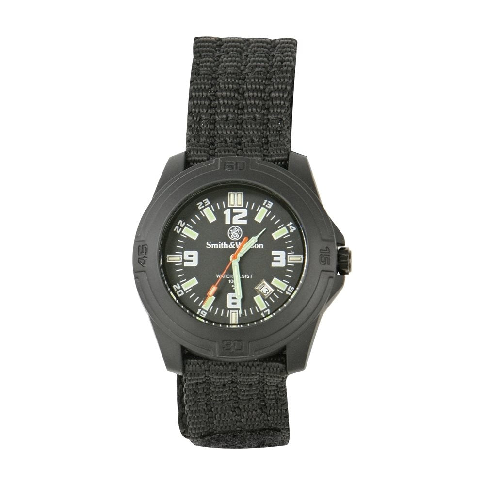 Reloj Soldier con correa de nylon negra, caja negra gomosa, Smith & Wesson, resistente 100M