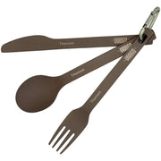 Set de cubiertos ultraligeros de titanio con acabado mate marrón y mosquetón