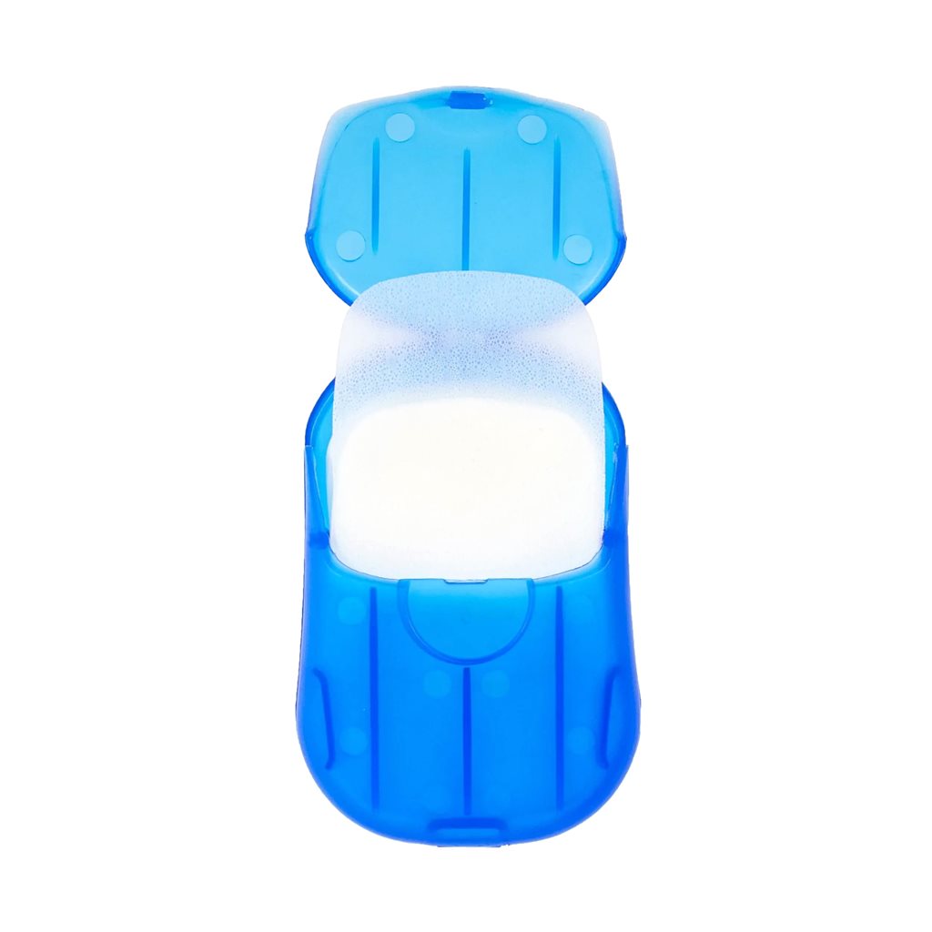 Paquete plástico con 40 láminas de jabón ACTIVE-WASH, dimensiones 7,5 x 7,5 x 0,5 cm