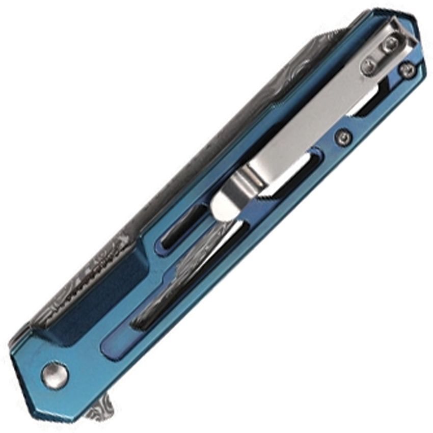 Navaja plegable TF2010 azul con hoja tanto inoxidable y acabado tipo damasco