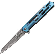Navaja plegable TF2010 azul con hoja tanto inoxidable y acabado tipo damasco