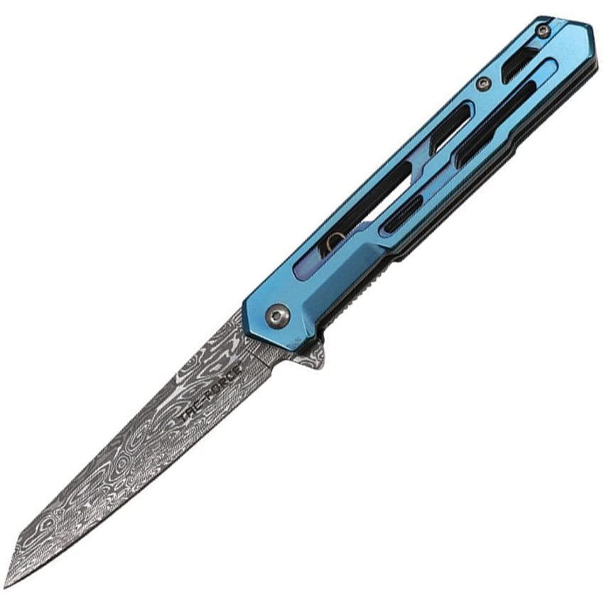 Navaja plegable TF2010 azul con hoja tanto inoxidable y acabado tipo damasco