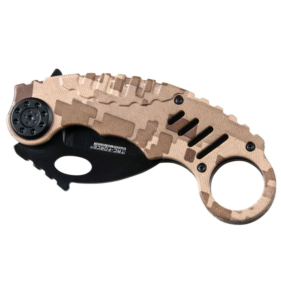 Navaja karambit plegable Tac-Froce Digital Desert, hoja curva de acero inoxidable con acabado negro y orificio oval de apertura