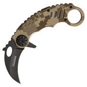 Navaja karambit plegable Tac-Froce Digital Desert, hoja curva de acero inoxidable con acabado negro y orificio oval de apertura