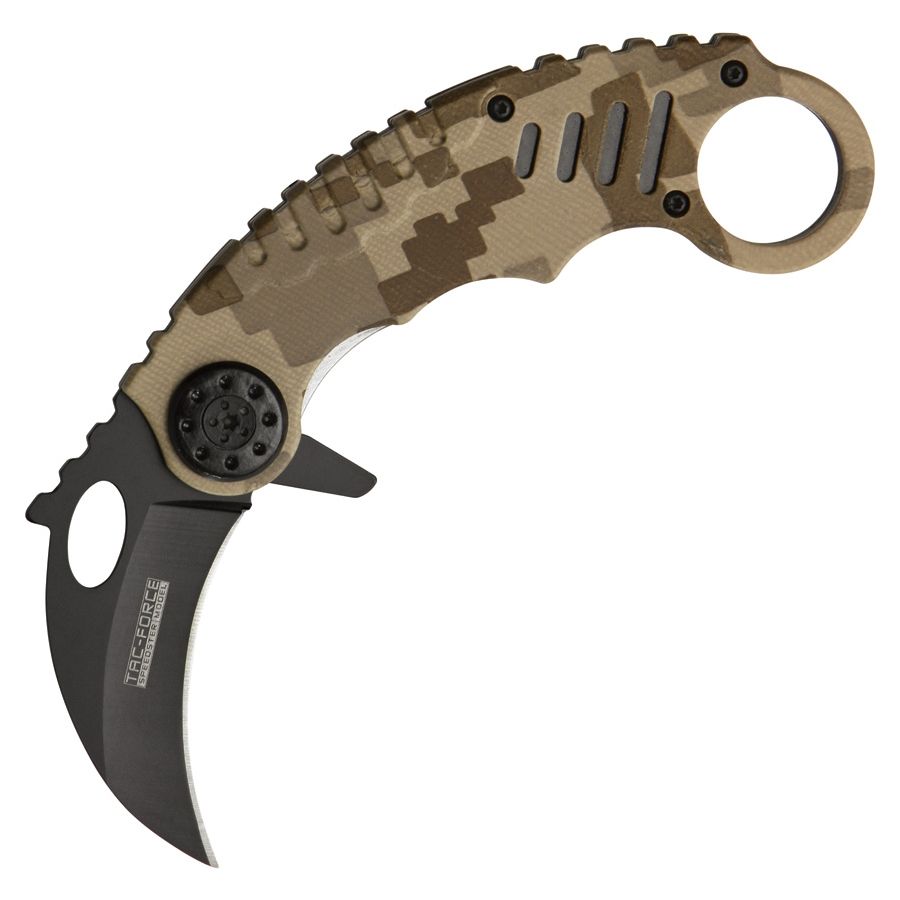Navaja karambit plegable Tac-Froce Digital Desert, hoja curva de acero inoxidable con acabado negro y orificio oval de apertura