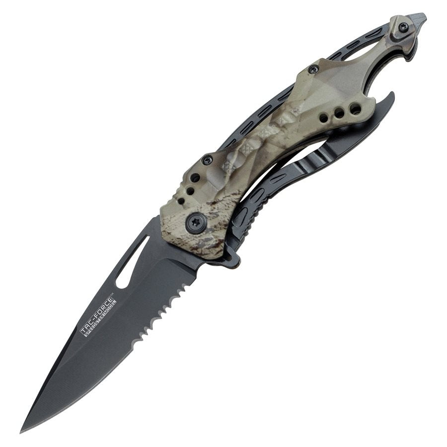 Navaja plegable GREY CAMO con hoja negra parcialmente dentada, abrebotellas integrado y rompecristales