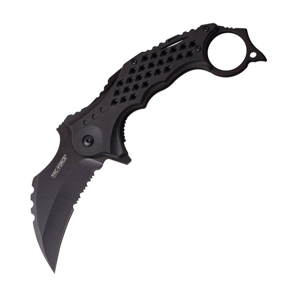 Navaja plegable karambit TAC-FORCE negra, hoja combinada 80 mm, acero 3Cr13, mango ABS