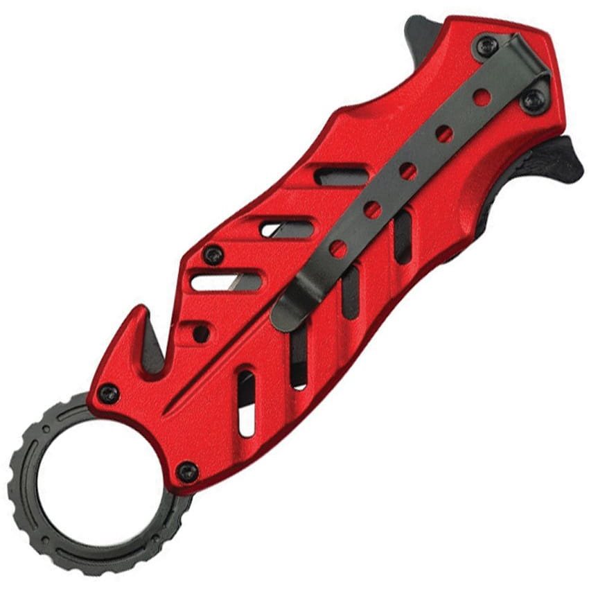 Cuchillo plegable rojo RESCUE A/O con cortacinturones de emergencia y abridor de botellas